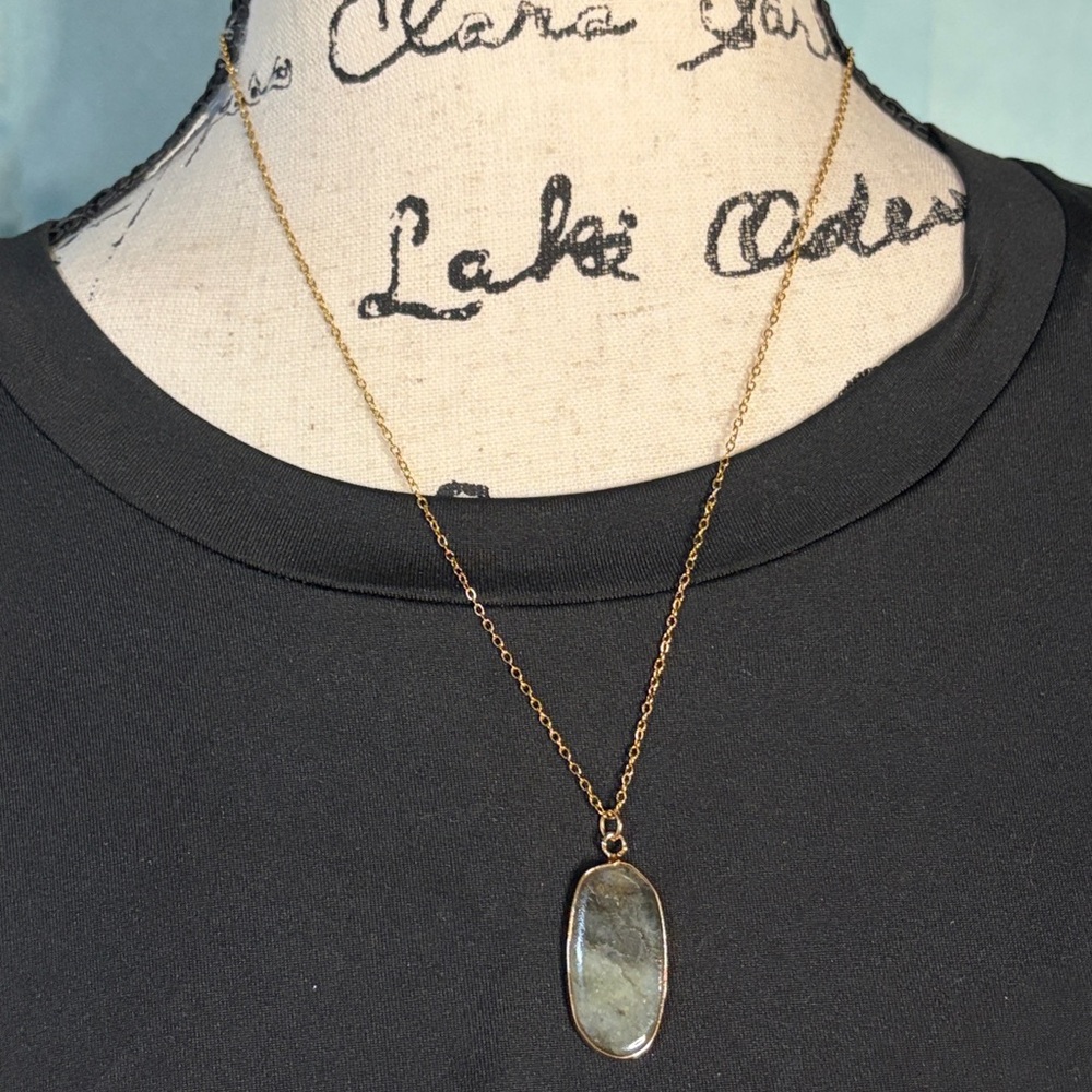 Genuine Labradite Pendent Necklace in Gold Tone Stainless Steel